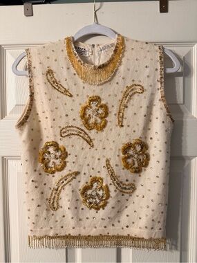 Vintage BANFF Ltd Beaded Angora Sweater Vest Gold Pearl embellished Hong Kong 38
